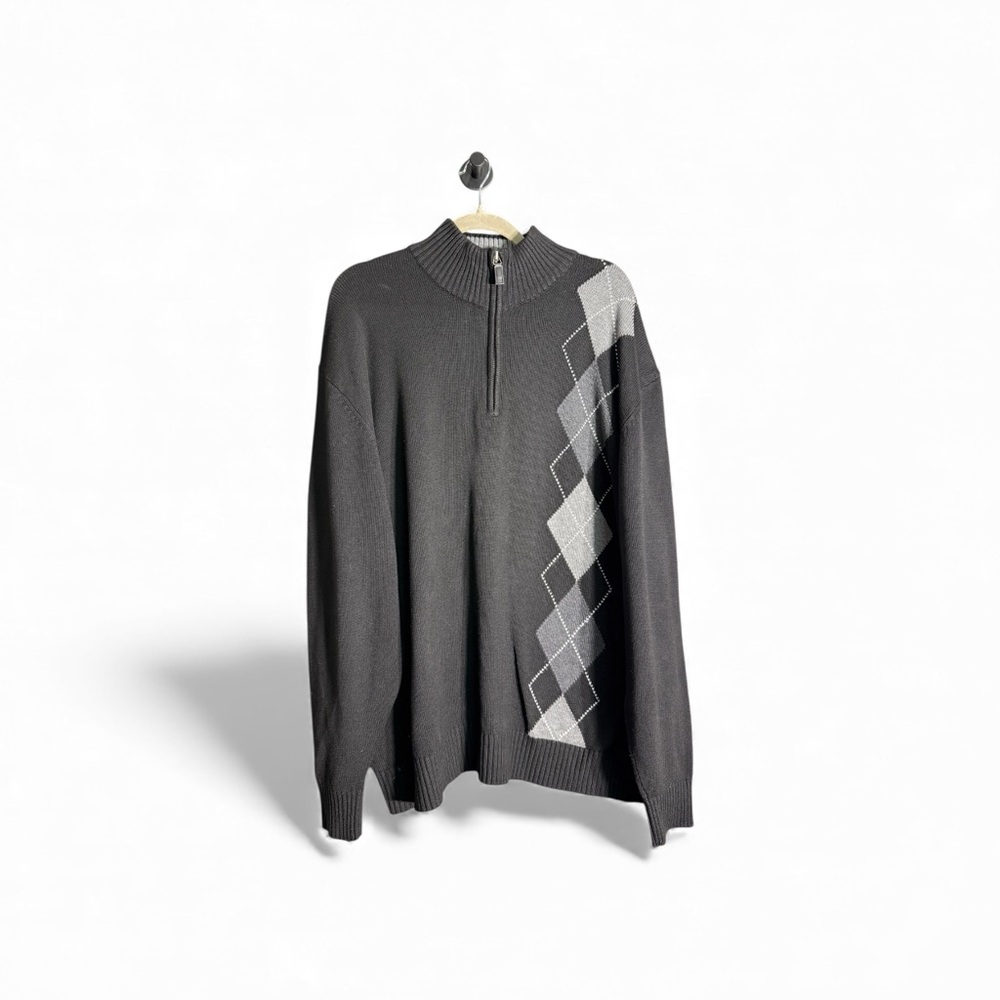 Oscar de la Renta 3X Charcoal Argyle Knit Vintage Retro Quarter zip Sweater